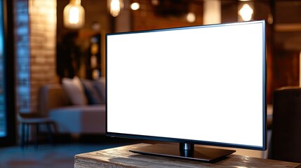 Blank Television Screen in Modern Living Room Setting with Soft Ambient Lighting and a Cozy Atmosphere Perfect for Displaying Creative Content