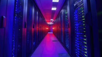 Fototapeta premium The bright lights of data storage systems contrast against the dark background of the server room.
