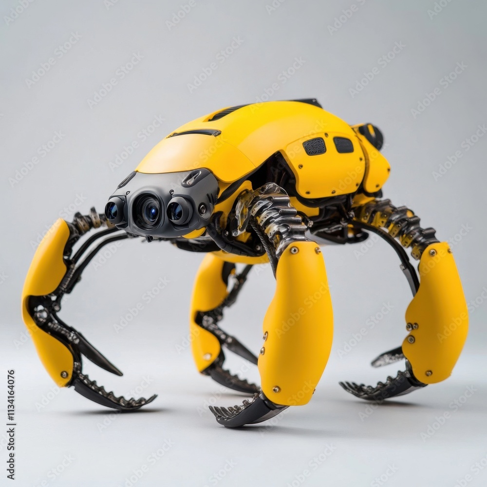 Poster innovative yellow robotic crab model with advanced features and multi-directional movement capabilit