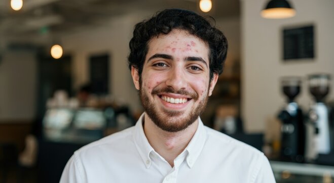 Smiling young adult caucasian male in coffee shop setting for diversity and positive energy concept