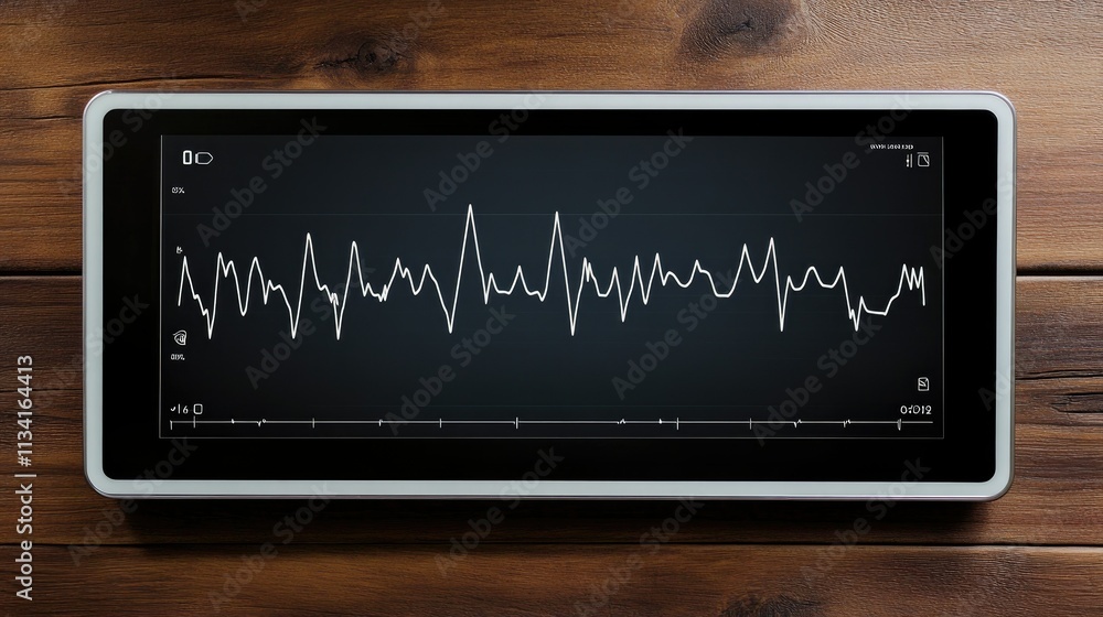Aufkleber monitor displaying heart rate variability trends on a modern touchscreen device on a wooden surface
