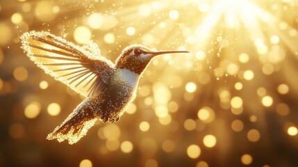 Obraz premium Stunning Hummingbird in Flight with Golden Sunlight and Sparkling Bokeh Background Capturing Nature's Beauty and Elegance