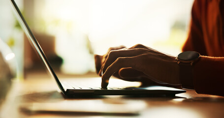 Remote work, writer and laptop with hands of person in home office for research, networking and...