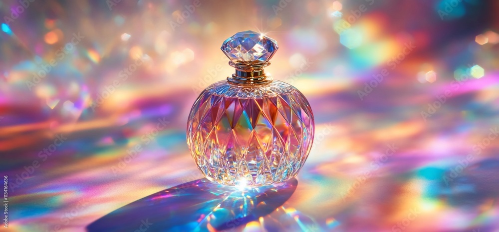 Poster A sparkling perfume bottle reflecting colorful light patterns.