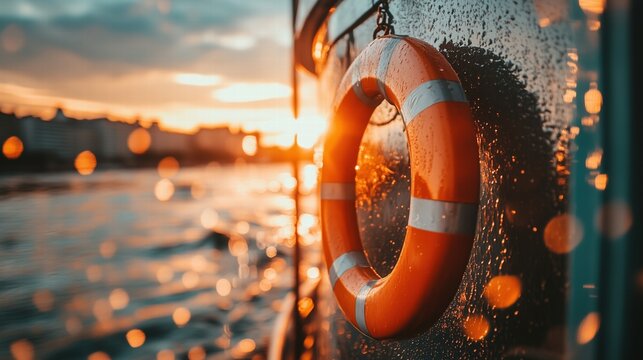 Orange lifesaver ring on a rainy ship deck at sunset with glowing light. Marine safety and rescue concept.