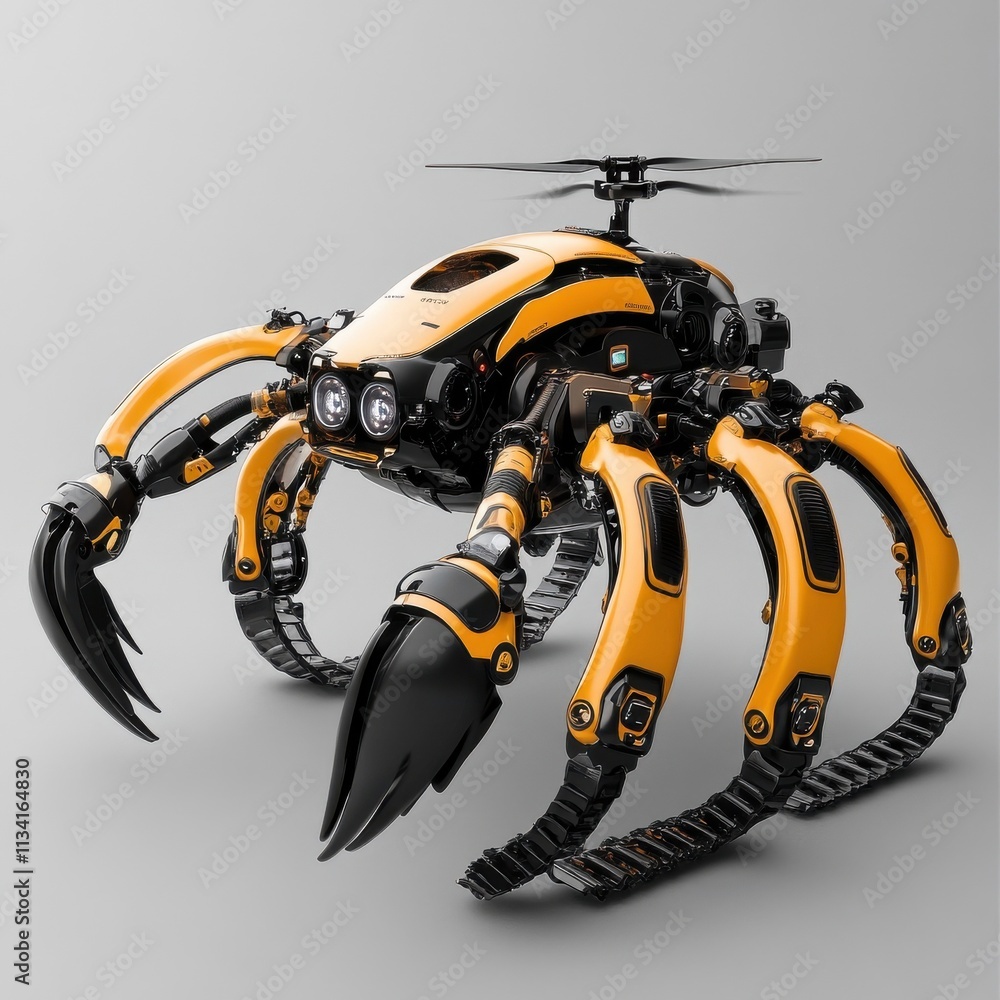 Poster futuristic robot spider with mechanical limbs and helicopter propeller in a high-tech setting, showc