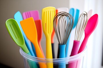 Colorful Silicone Cooking Tools Neatly Arranged in Transparent Container