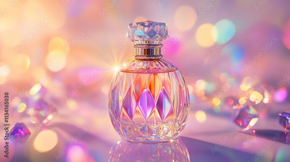 Poster A sparkling perfume bottle surrounded by colorful gems and soft lighting.