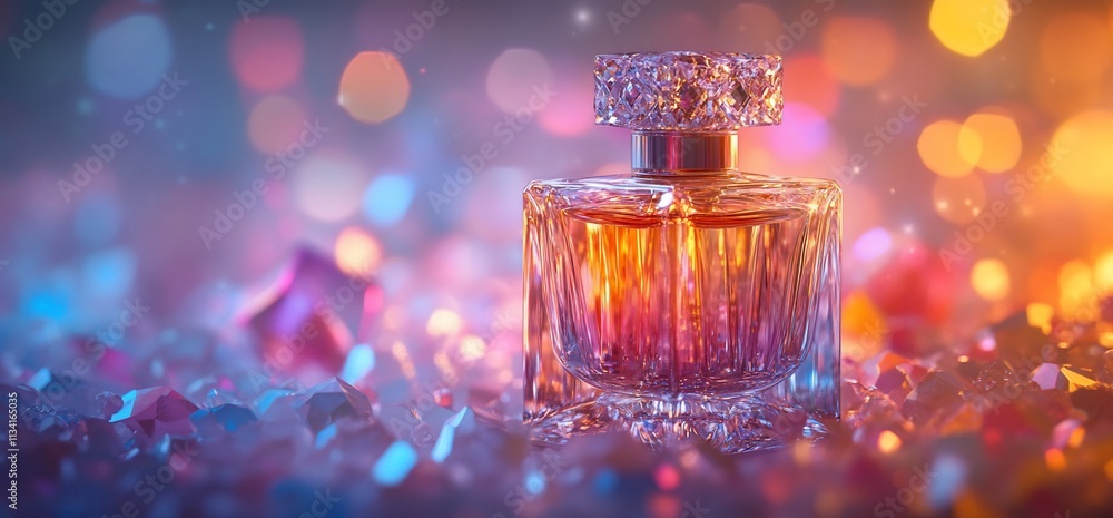Poster a sparkling perfume bottle surrounded by colorful crystals and soft lights.