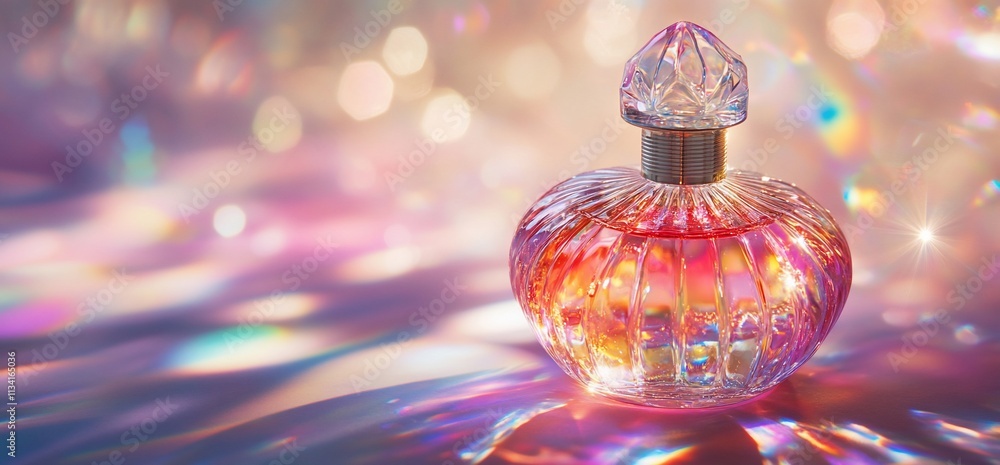 Poster a sparkling perfume bottle with a colorful liquid against a shimmering background.