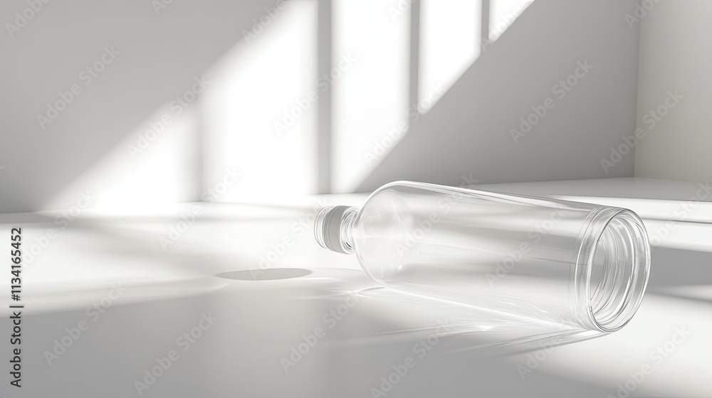 Poster clear glass bottle on smooth surface with soft shadows, natural light creating artistic shadow patte