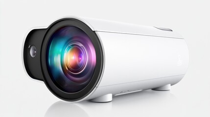 A compact smart projector casting a high-definition image, isolated on a white background