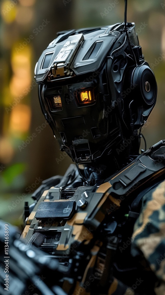 Poster futuristic robot soldier in forest setting with advanced technology and tactical gear, showcasing in