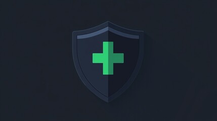 Fototapeta premium Dark shield with a green cross on a black background. Cybersecurity and healthcare concept.