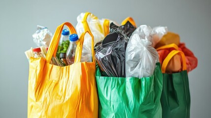 Colorful Reusable Bags Filled with Various Types of Waste Materials, Showcasing Environmental Responsibility and Sustainability Efforts in Modern Living