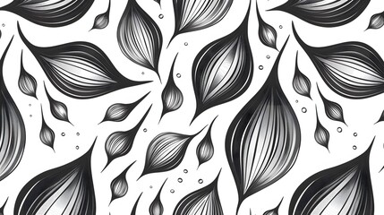 Black and white seamless pattern with abstract leaves and white dots on a white background.