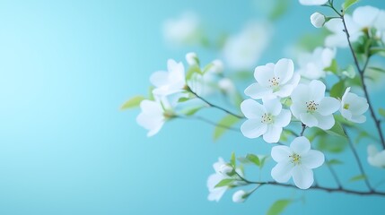Fototapeta premium Blossoming white flowers on soft blue background nature's serenity close-up tranquil concept