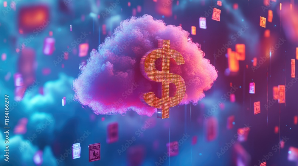 Poster digital cloud representing financial transaction concepts with dollar sign surrounded by floating cu