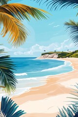 Fototapeta premium Idyllic tropical beach view framed by palm trees, featuring turquoise water gently lapping against the sandy shore and a luxurious resort nestled on a clifftop, vertical