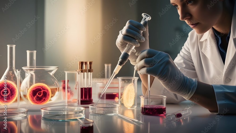 Poster lab research: a focused scientist meticulously conducts experiments in a sterile laboratory setting,