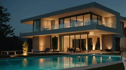 A young couple discussing their future while standing in front of a luxurious house with a landscaped garden and pool.