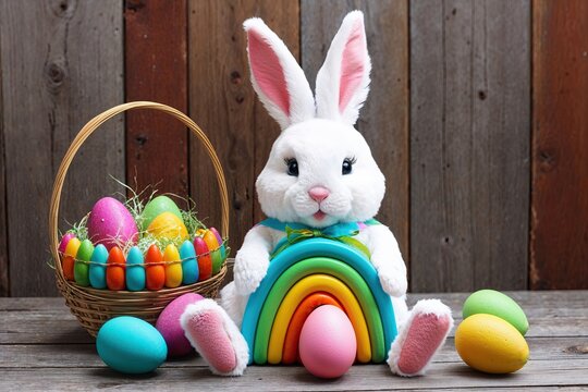 Enchanting Easter Bunny Surrounded by Lively Rainbow and Bright Colors