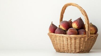 Obraz premium Harvest of ripe figs collected in basket, agribusiness concept, organic healthy food and non-GMO fruits with space for text 