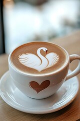 A beautifully crafted latte art featuring two swans in a coffee cup.