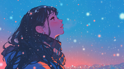 都会に降る雪を見上げる女性