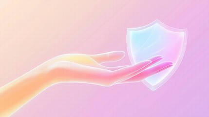 Abstract glowing shield held by an outstretched hand on a pastel gradient background. digital security