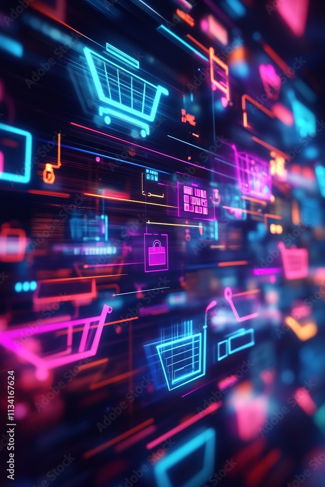 Poster futuristic digital interface with floating 3d shopping icons in glowing neon colors
