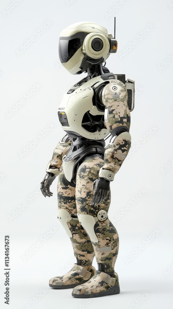 Poster futuristic humanoid robot designed for diverse tasks showcasing advanced technology and military-ins