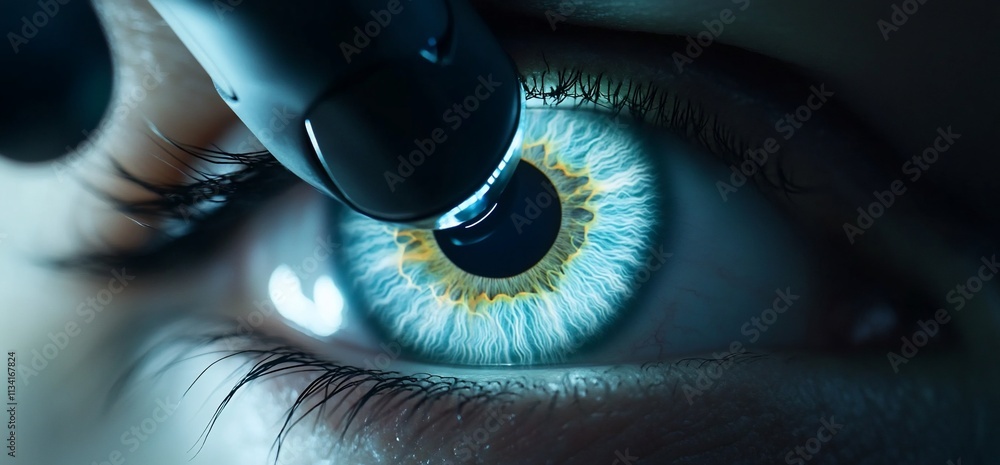 Poster close-up of an eye receiving drops, highlighting detailed iris patterns.