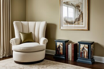 Cozy Reading Corner with Spacious Armchair and Creative Bookends in Soft Beige Decor