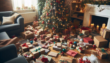 Christmas morning chaos with wrapping paper and boxes scattered around a decorated tree