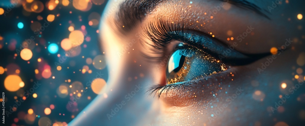 Poster close-up of an eye with sparkling lights and a dreamy atmosphere.