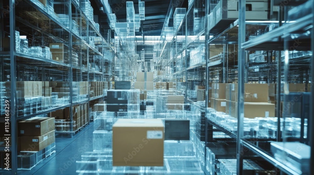 Poster modern warehouse with transparent shelving and packages organized efficiently for optimal storage an