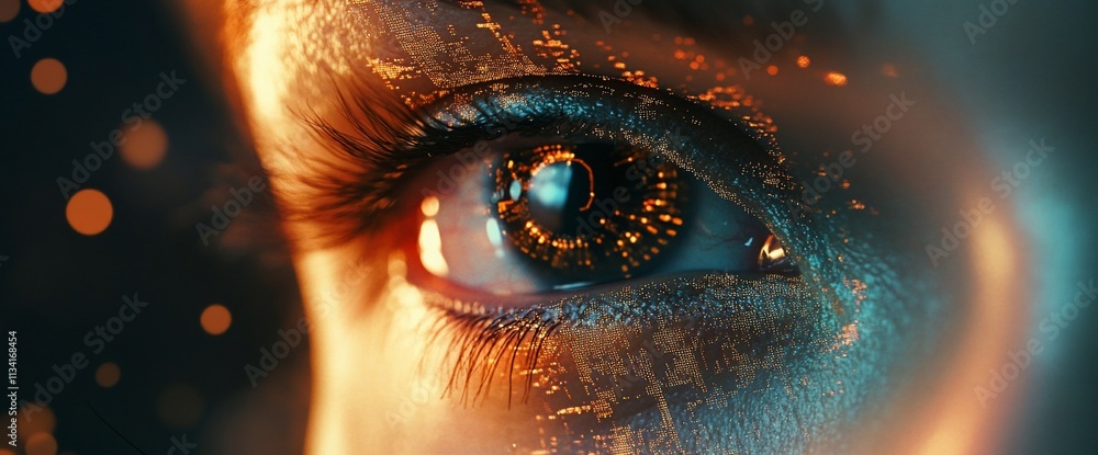 Poster close-up of an eye with a vibrant, digital overlay and glowing elements.