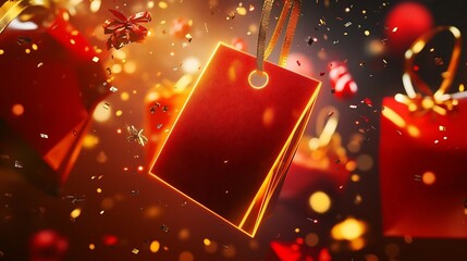 Bold Glowing Price Tag Amidst Floating Holiday Decor in Vivid Red and Gold