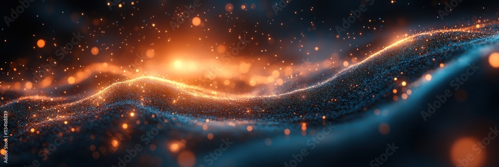 Poster abstract waves of light and particles create a mesmerizing digital landscape.