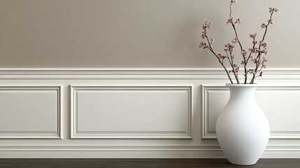 Elegant Minimalist Interior with White Vase Holding Delicate Branches Against a Soft Neutral Wall in a Modern Living Space