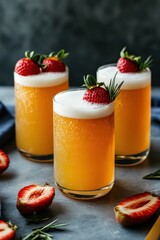 Three refreshing drinks topped with strawberries and foam, perfect for a summer gathering.