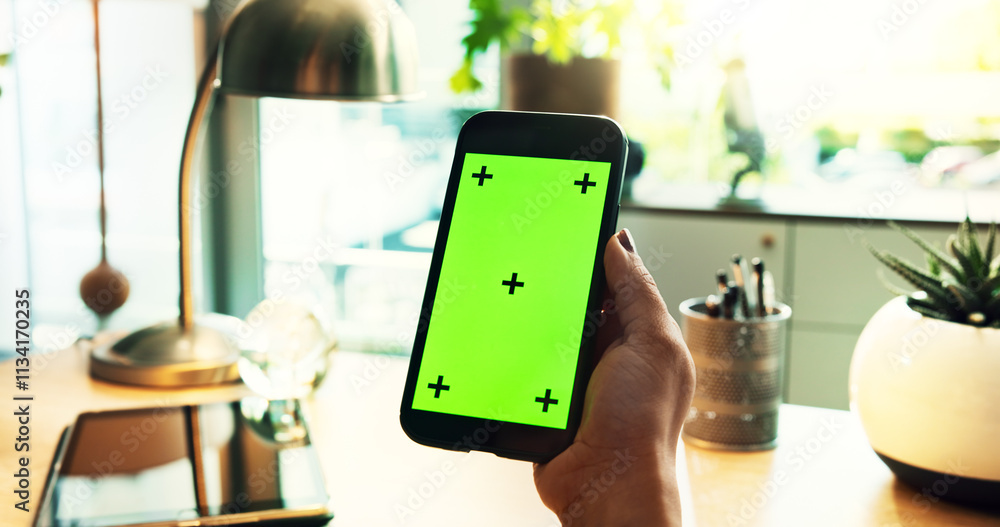 Poster smartphone, green screen and hands of person in home with tracking marker, ux design and web search.