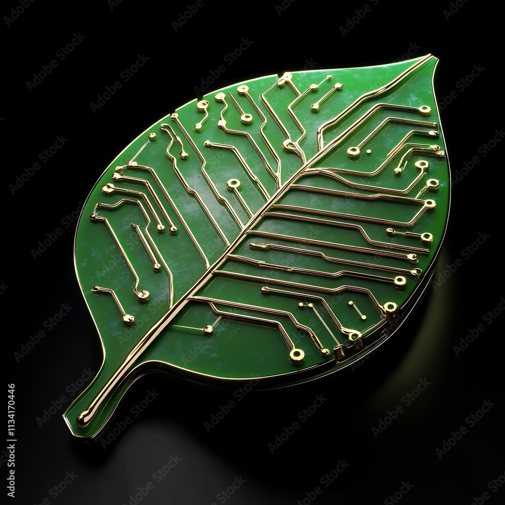 Poster leaf with integrated circuit lines merging nature and technology in a sleek futuristic design