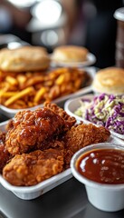 A delicious spread of fried chicken, sides, and biscuits on a table.