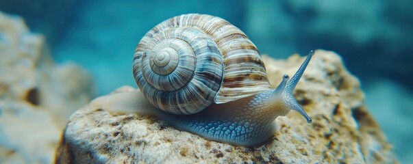 A close-up of a snail with a spiral shell resting on a rock underwater.