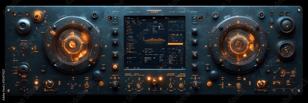 Poster a detailed control panel with dials and screens for monitoring and adjusting settings.