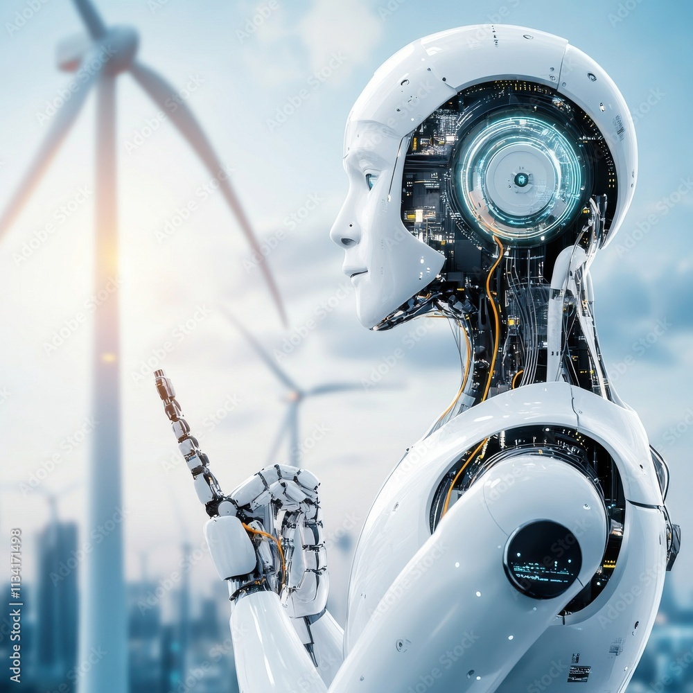 Poster futuristic robot with high-tech features against wind turbines and city skyline illustrating renewab