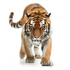 Fototapeta premium Studio shot of a powerful tiger walking on a white background