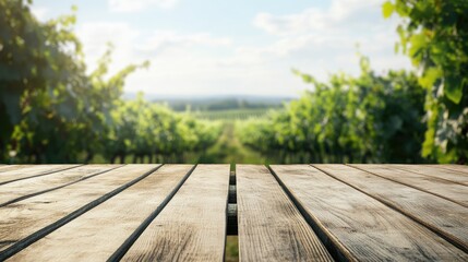 Fototapeta premium The empty wooden table top with blur background of vineyard. Exuberant image.